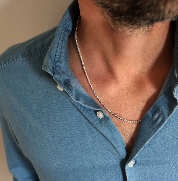 Mila Man Box Chain Necklace, silver men's