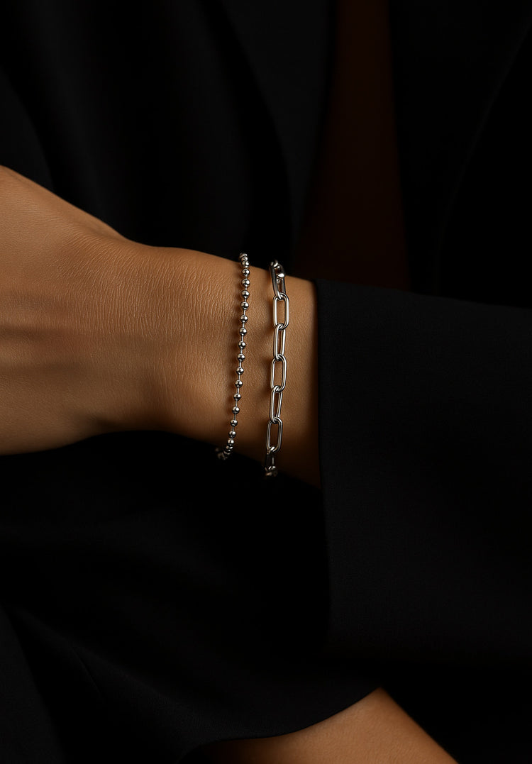 Beaded Chain Bracelet, silver 3 mm