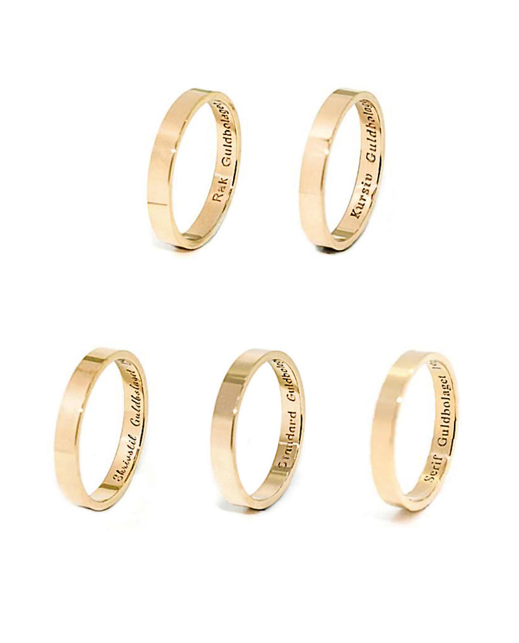 Ringar med graverad text på insidan. Visar olika typsnitt.